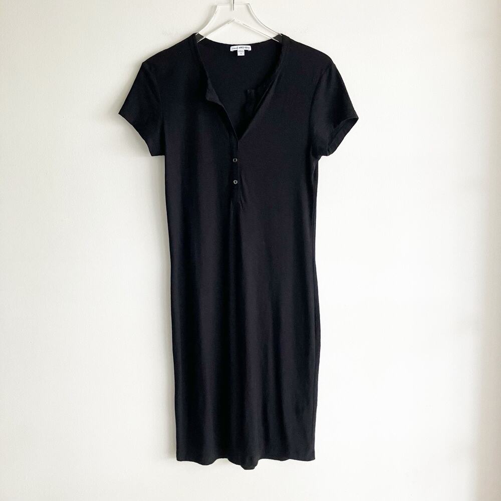 Standard James Perse Size 2 Dress Black Short Sleeve Shift Midi Buttons Spring - Picture 6 of 8